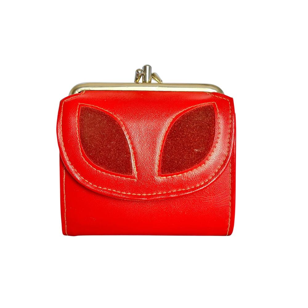 Vintage Red Faux Leather Suede Cutout Compact Kisslock Frame Wallet